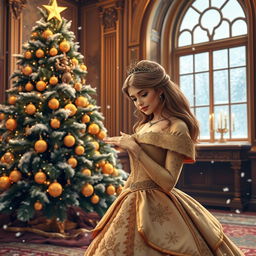 A beautiful princess in a lavish royal gown with intricate embroidery, standing beside a grand, decorated Christmas tree in a palace hall