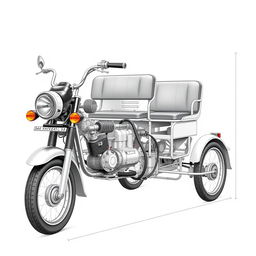 A detailed and technical illustration of a 4-seater tricycle with a petrol engine displacement of 199 cc, featuring a manual transmission