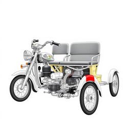 A detailed and technical illustration of a 4-seater tricycle with a petrol engine displacement of 199 cc, featuring a manual transmission