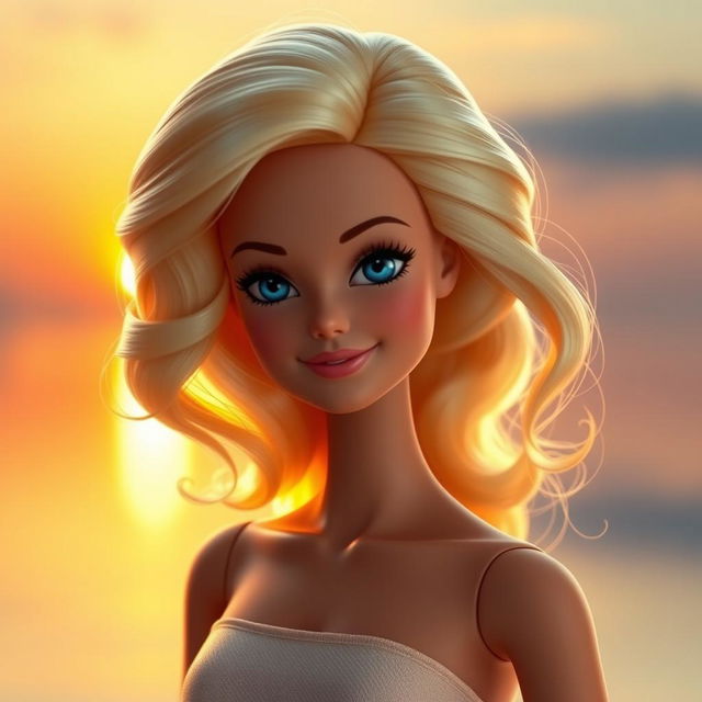 Barbie with wavy blonde hair, blue eyes, and a sweet smile, shown without makeup to emphasize her natural beauty