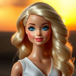 Barbie with wavy blonde hair, blue eyes, and a sweet smile, shown without makeup to emphasize her natural beauty