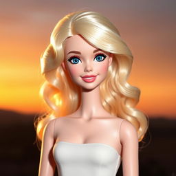 Barbie with wavy blonde hair, blue eyes, and a sweet smile, shown without makeup to emphasize her natural beauty