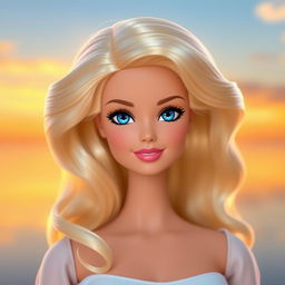 Barbie with wavy blonde hair, blue eyes, and a sweet smile, shown without makeup to emphasize her natural beauty