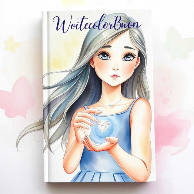 A whimsical watercolor book cover featuring a young woman with long flowing hair, gracefully holding a shiny ring between her fingers