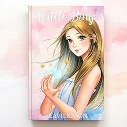 A whimsical watercolor book cover featuring a young woman with long flowing hair, gracefully holding a shiny ring between her fingers