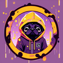 Detailed anime-style profile picture of a black pug in a Supreme yellow rain jacket with hood, framed by a funky circle border against a lo-fi background with floating particles and subtle glitch effects.