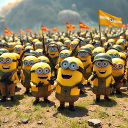 A large battalion of Minions dressed in diverse military uniforms, each sporting a different type of gear like helmets, vests, and boots