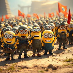 A large battalion of Minions dressed in diverse military uniforms, each sporting a different type of gear like helmets, vests, and boots