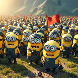 A large battalion of Minions dressed in diverse military uniforms, each sporting a different type of gear like helmets, vests, and boots