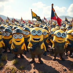 A large battalion of Minions dressed in diverse military uniforms, each sporting a different type of gear like helmets, vests, and boots