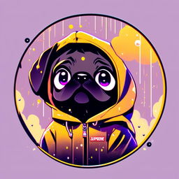 Detailed anime-style profile picture of a black pug in a Supreme yellow rain jacket with hood, framed by a funky circle border against a lo-fi background with floating particles and subtle glitch effects.