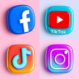 A collection of high-quality realistic icons for popular social media platforms: Facebook, YouTube, TikTok, and Instagram