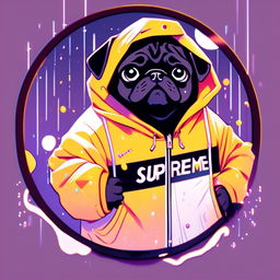 Detailed anime-style profile picture of a black pug in a Supreme yellow rain jacket with hood, framed by a funky circle border against a lo-fi background with floating particles and subtle glitch effects.