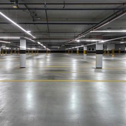 A large 1800 square feet ground floor parking area, with clear parking lines, illuminated by overhead lights.