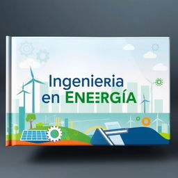 A vibrant book cover design for "Ingeniería en Energía" with visual elements representing various energy sources: solar panels, wind turbines, and hydroelectric dams