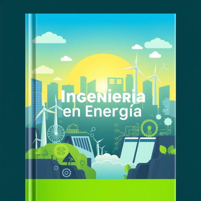 A vibrant book cover design for "Ingeniería en Energía" with visual elements representing various energy sources: solar panels, wind turbines, and hydroelectric dams