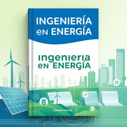 A vibrant book cover design for "Ingeniería en Energía" with visual elements representing various energy sources: solar panels, wind turbines, and hydroelectric dams