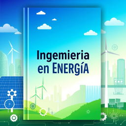 A vibrant book cover design for "Ingeniería en Energía" with visual elements representing various energy sources: solar panels, wind turbines, and hydroelectric dams