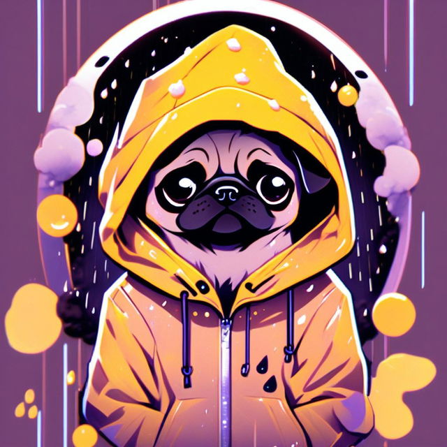 Detailed anime-style profile picture of a black pug in a Supreme yellow rain jacket with hood, framed by a funky circle border against a lo-fi background with floating particles and subtle glitch effects.