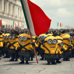 A large-scale scene depicting an army of Minions dressed in military uniforms