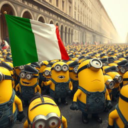 A large-scale scene depicting an army of Minions dressed in military uniforms