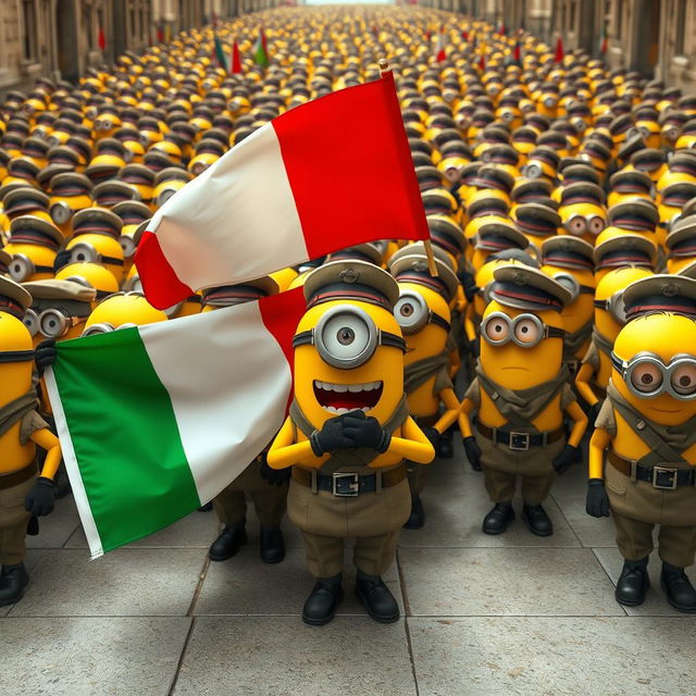 A large-scale scene depicting an army of Minions dressed in military uniforms