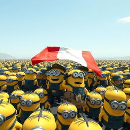 A large-scale scene depicting an army of Minions dressed in military uniforms