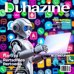 A realistic magazine cover featuring a humanoid robot chatbot on the left side holding a sleek, futuristic computer