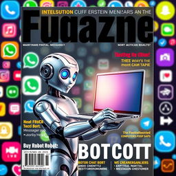 A realistic magazine cover featuring a humanoid robot chatbot on the left side holding a sleek, futuristic computer