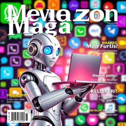 A realistic magazine cover featuring a humanoid robot chatbot on the left side holding a sleek, futuristic computer