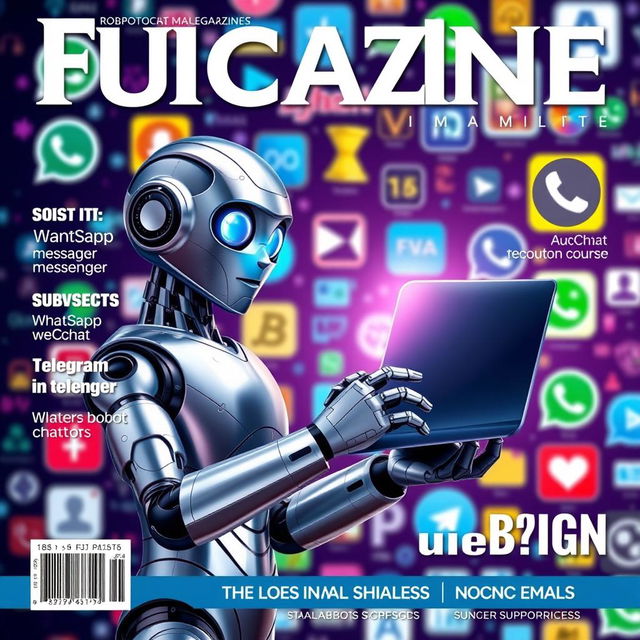 A realistic magazine cover featuring a humanoid robot chatbot on the left side holding a sleek, futuristic computer