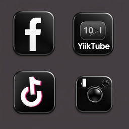 A collection of high-quality realistic icons for popular social media platforms with a unique black theme: Facebook, YouTube, TikTok, and Instagram