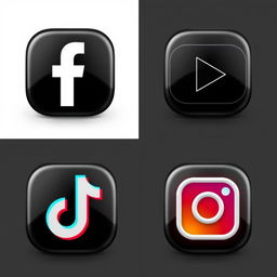 A collection of high-quality realistic icons for popular social media platforms with a unique black theme: Facebook, YouTube, TikTok, and Instagram