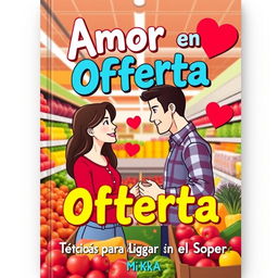 A playful and modern book cover for "Amor en Oferta: Técnicas para Ligar en el Súper" featuring a humorous and flirtatious scene in a supermarket