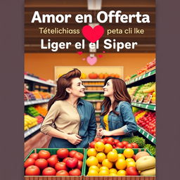 A playful and modern book cover for "Amor en Oferta: Técnicas para Ligar en el Súper" featuring a humorous and flirtatious scene in a supermarket