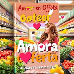 A playful and modern book cover for "Amor en Oferta: Técnicas para Ligar en el Súper" featuring a humorous and flirtatious scene in a supermarket