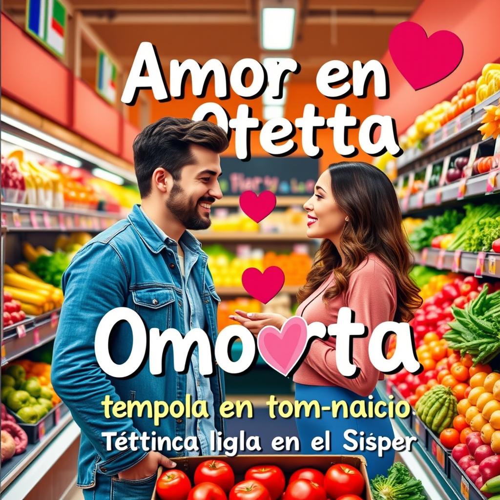 A playful and modern book cover for "Amor en Oferta: Técnicas para Ligar en el Súper" featuring a humorous and flirtatious scene in a supermarket