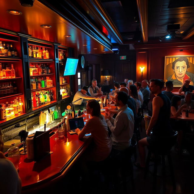 A lively and atmospheric bar scene during a bustling evening