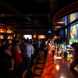 A lively and atmospheric bar scene during a bustling evening