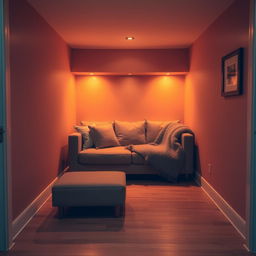 A cozy, small break room interior featuring a comfortable sofa as the centerpiece
