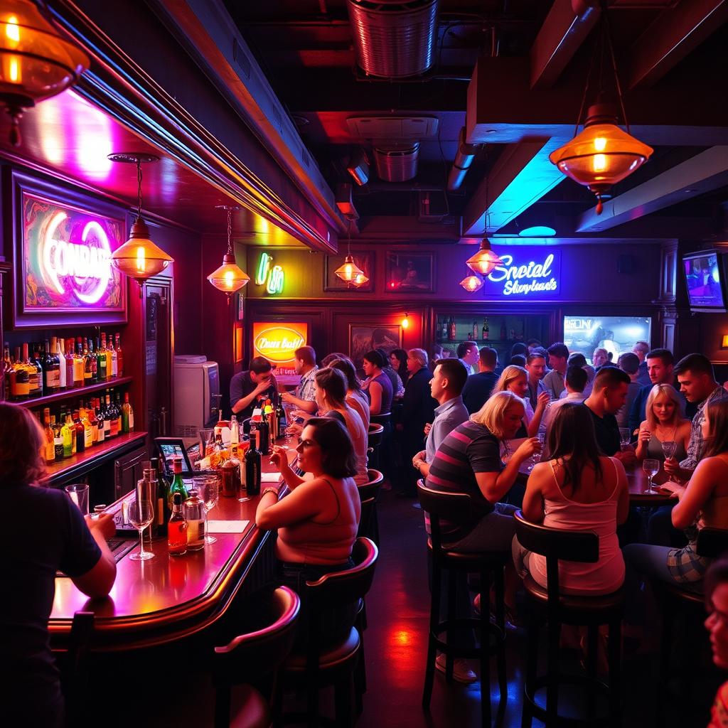 A vibrant and bustling bar scene at night