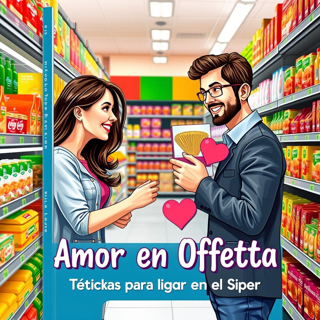 An engaging and whimsical book cover for "Amor en Oferta: Técnicas para Ligar en el Súper," featuring a playful scene inside a supermarket