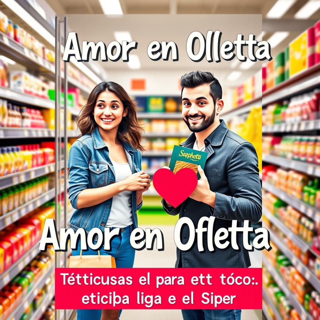 An engaging and whimsical book cover for "Amor en Oferta: Técnicas para Ligar en el Súper," featuring a playful scene inside a supermarket