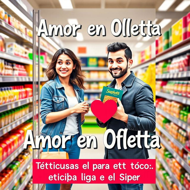 An engaging and whimsical book cover for "Amor en Oferta: Técnicas para Ligar en el Súper," featuring a playful scene inside a supermarket