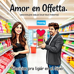 An engaging and whimsical book cover for "Amor en Oferta: Técnicas para Ligar en el Súper," featuring a playful scene inside a supermarket