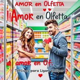 An engaging and whimsical book cover for "Amor en Oferta: Técnicas para Ligar en el Súper," featuring a playful scene inside a supermarket