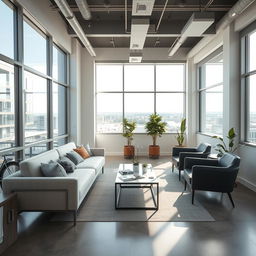 A stylish commercial break room featuring a modern and comfortable sofa as the focal point