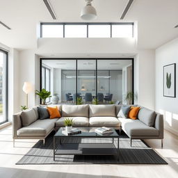 A stylish commercial break room featuring a modern and comfortable sofa as the focal point