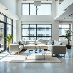 A stylish commercial break room featuring a modern and comfortable sofa as the focal point