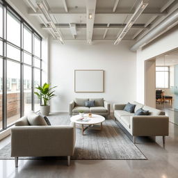 A stylish commercial break room featuring a modern and comfortable sofa as the focal point